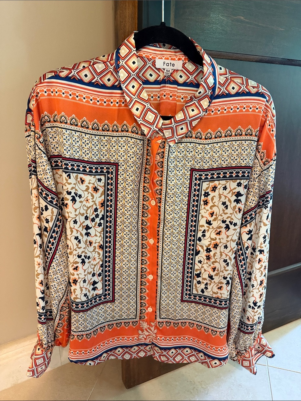 Fate Orange & Cream Geometric Floral Button-Down Shirt